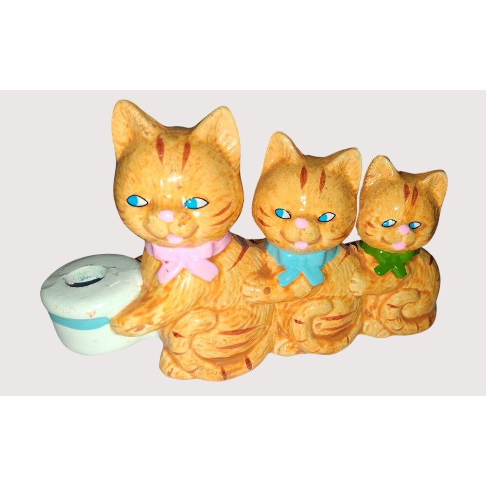 Vintage Ceramic Triple Cat Candle Holder Figurine J.S.N.Y Taiwan Orange White•42